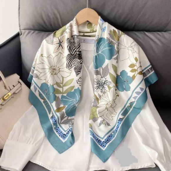 ๐50% OFF/3+...Silk-Feel Floral Pattern Scarf (Green) - Picture 3 of 8